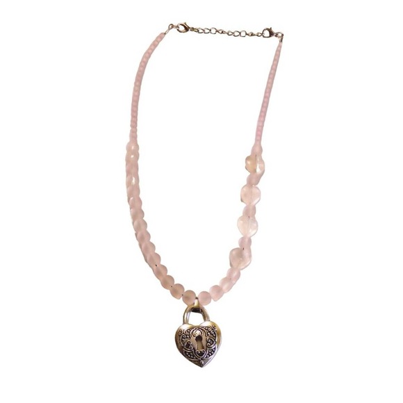 Pink quartz Heart necklace and frosted pink glass beads 3031 - Picture 1 of 3